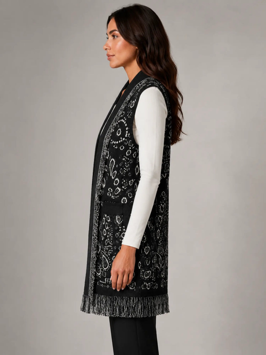Women's Paisley Longline Vest – Layered Statement Style in black, side view