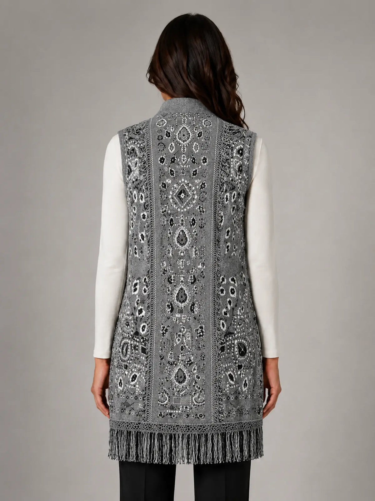 Women's Paisley Longline Vest – Layered Statement Style in grey, back view