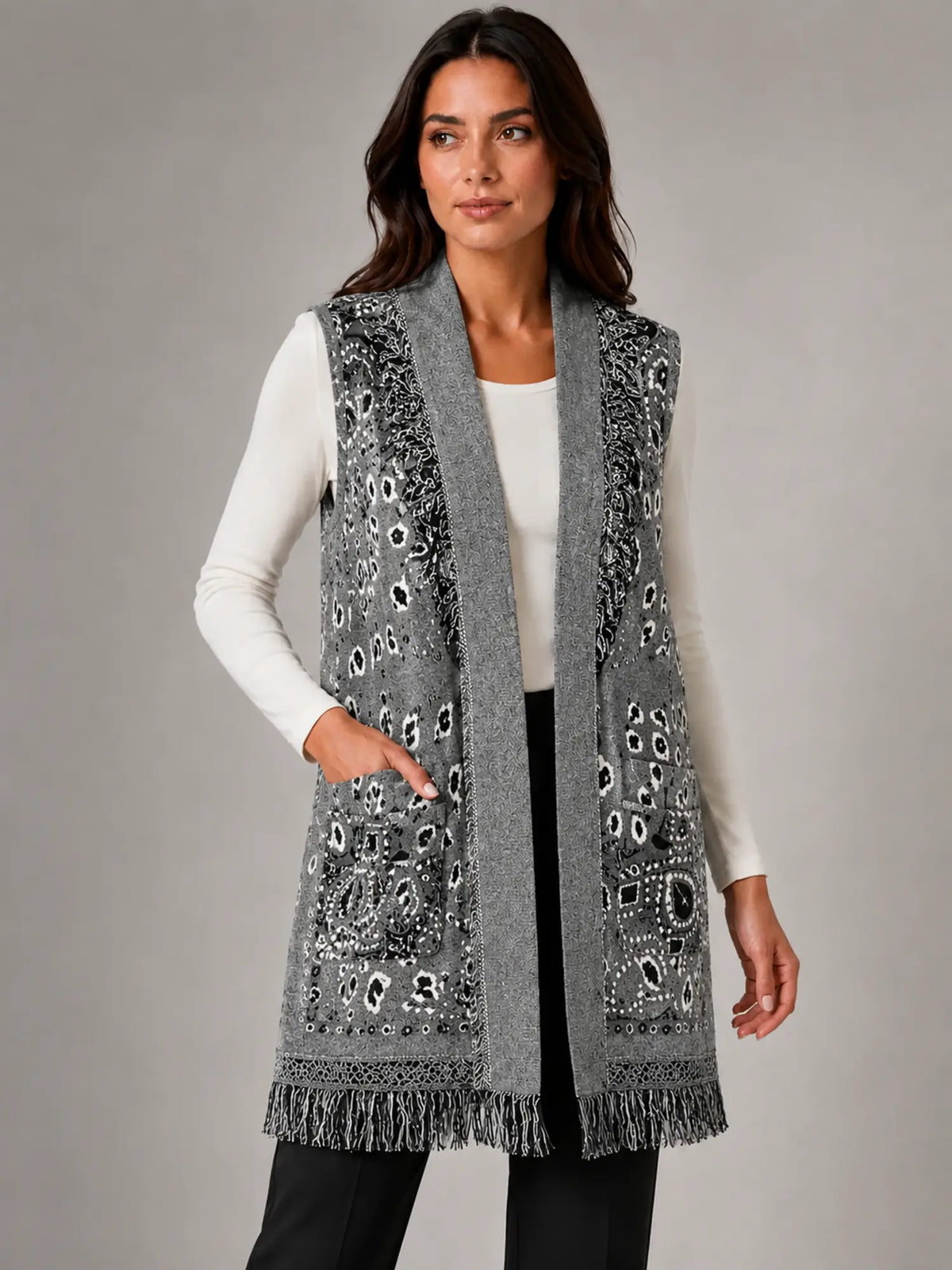 Women's Paisley Longline Vest – Layered Statement Style in grey, hover view