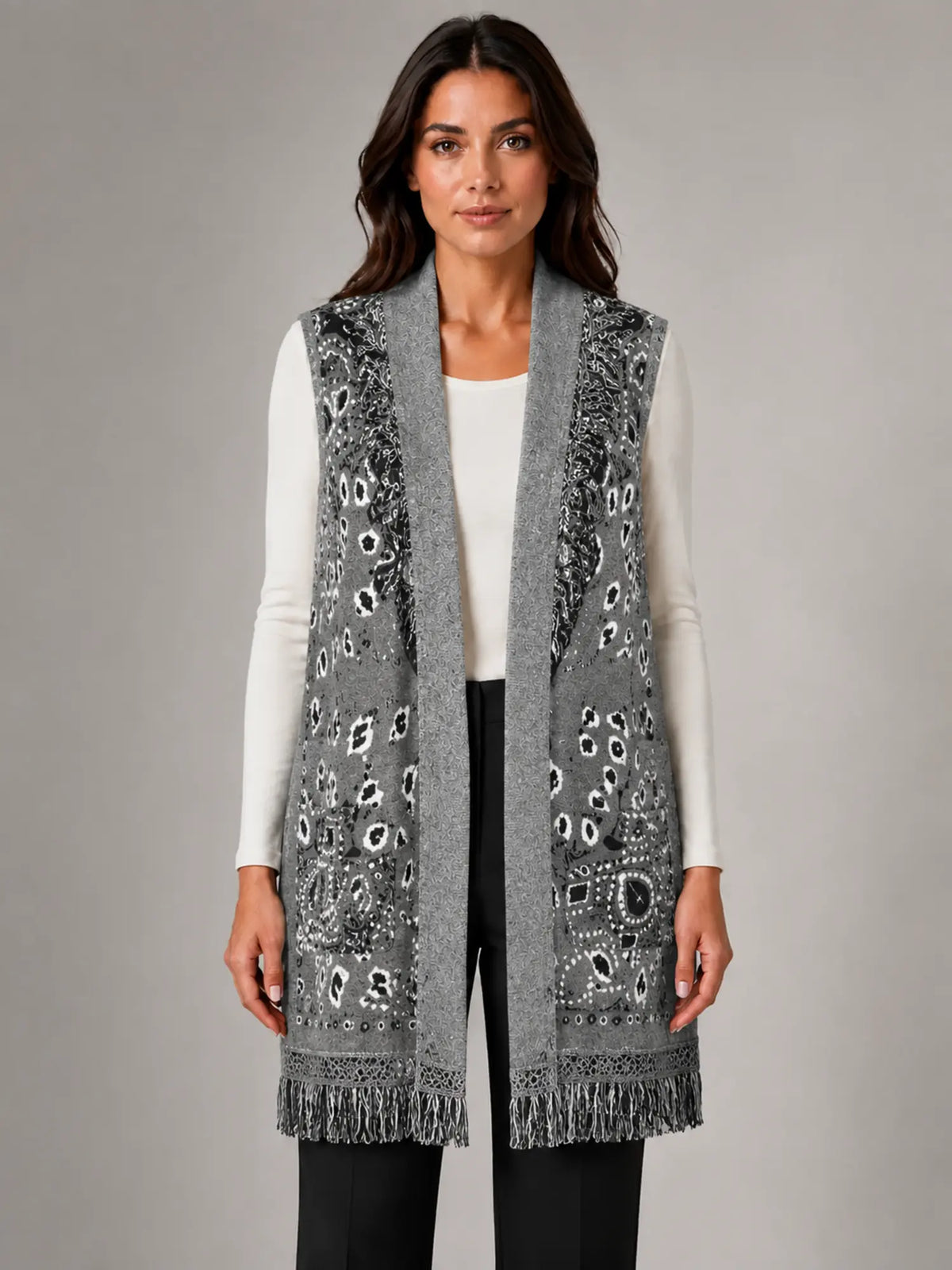 Women's Paisley Longline Vest – Layered Statement Style in grey, main view