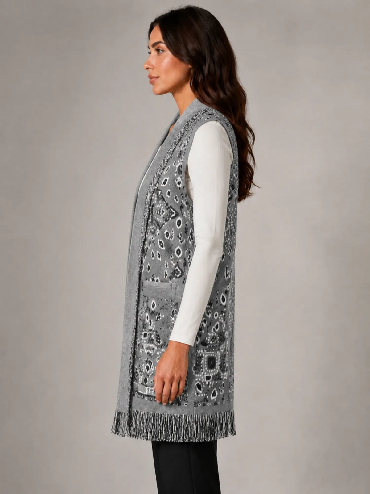 Women's Paisley Longline Vest – Layered Statement Style in grey, side view