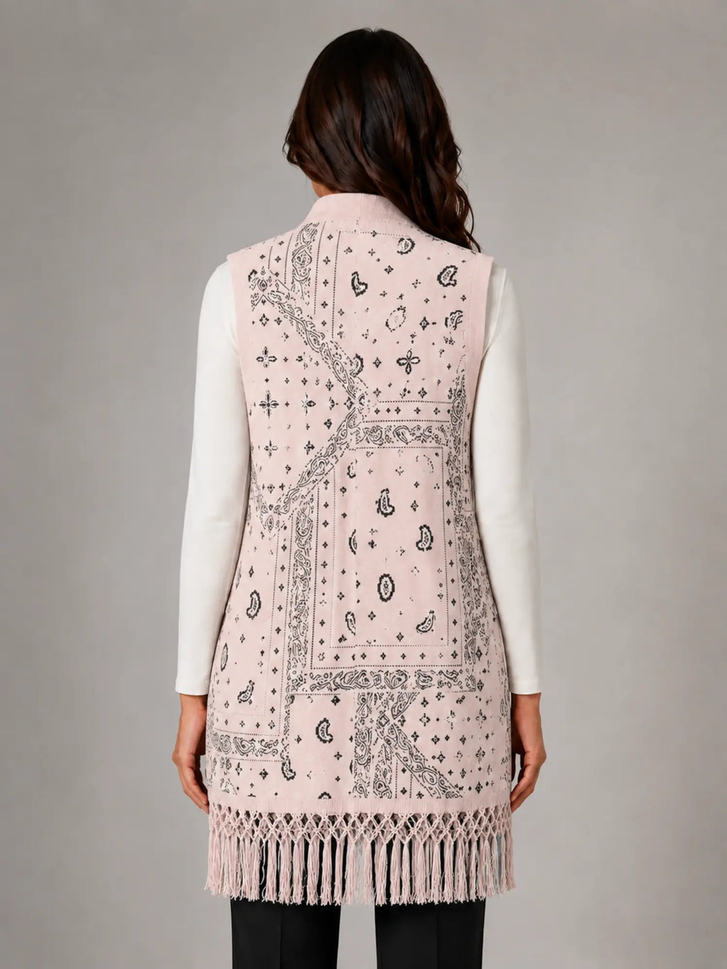 Women's Paisley Longline Vest – Layered Statement Style in pale pink, back view
