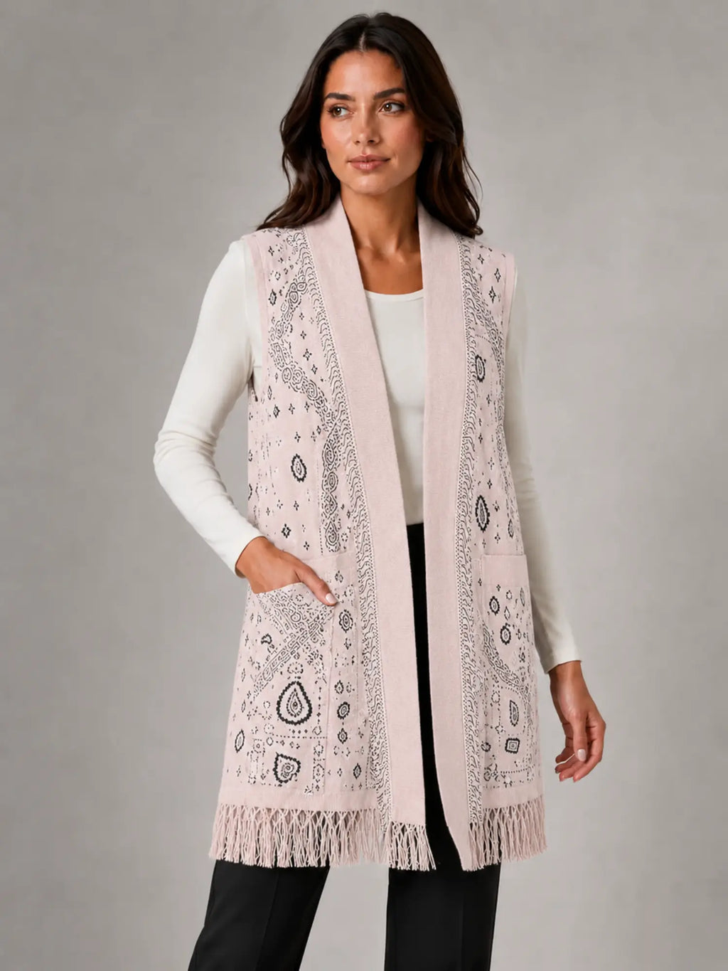 Women's Paisley Longline Vest – Layered Statement Style in pale pink, hover view