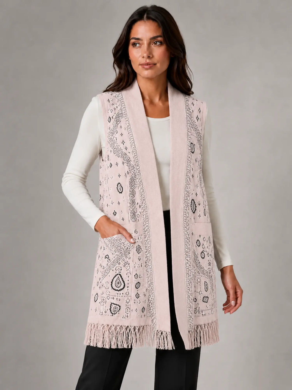 Women's Paisley Longline Vest – Layered Statement Style in pale pink, hover view