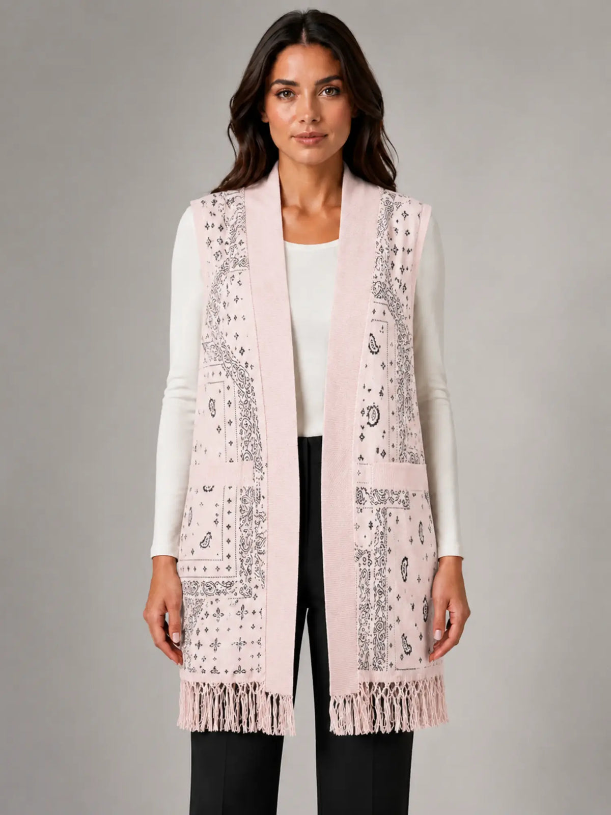 Women's Paisley Longline Vest – Layered Statement Style in pale pink, main view