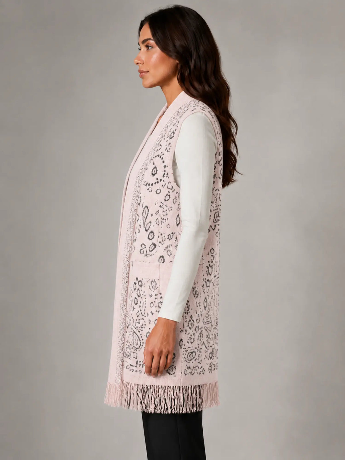 Women's Paisley Longline Vest – Layered Statement Style in pale pink, side view