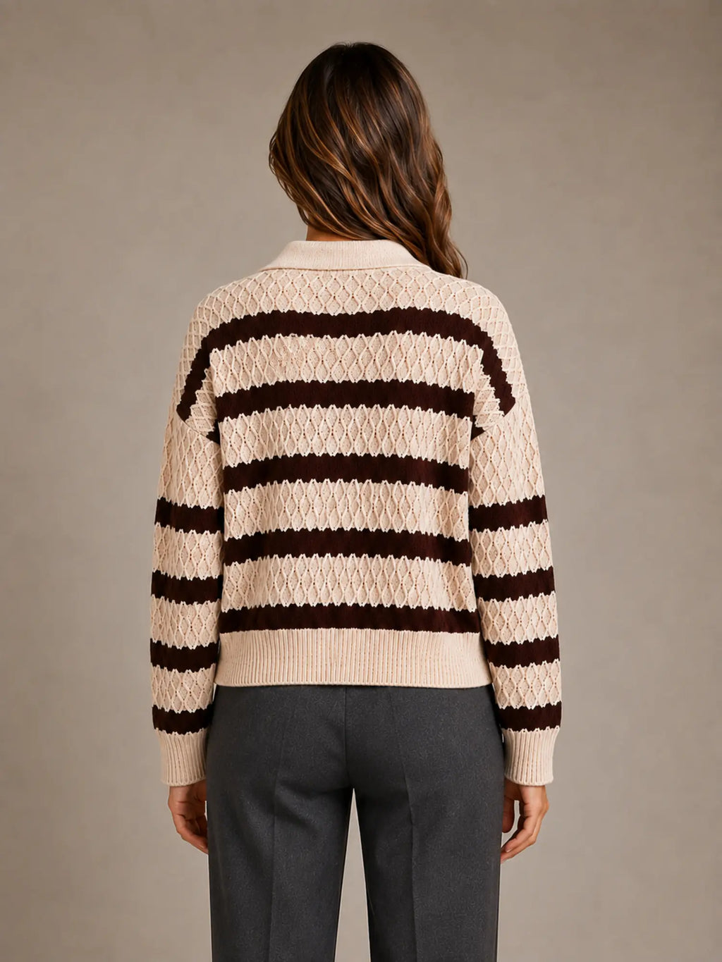 Women's Striped Polo Jumper – Textured Knit Style in Cream – Back view