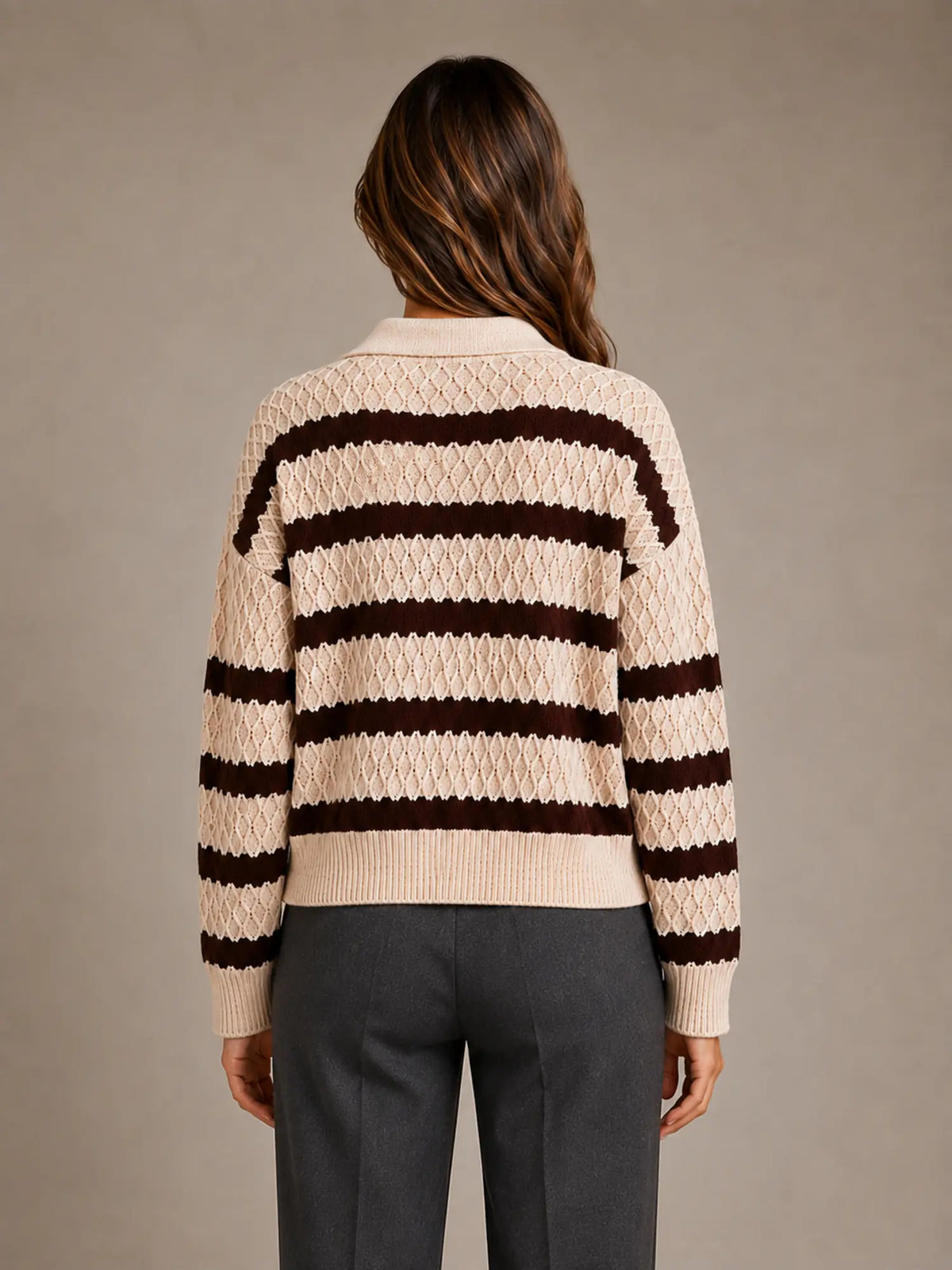 Women's Striped Polo Jumper – Textured Knit Style in Cream – Back view