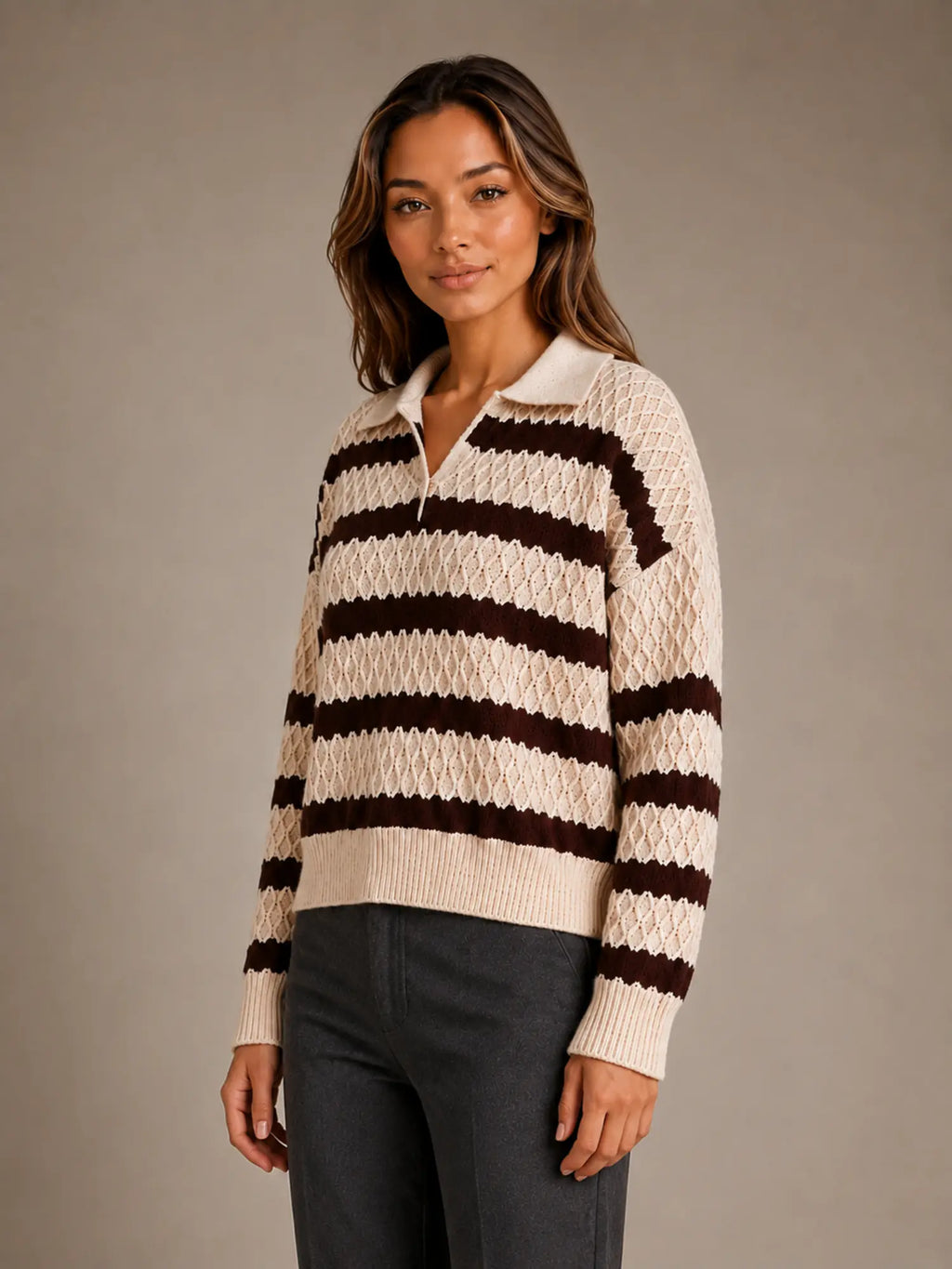 Women's Striped Polo Jumper – Textured Knit Style in Cream – Hover view