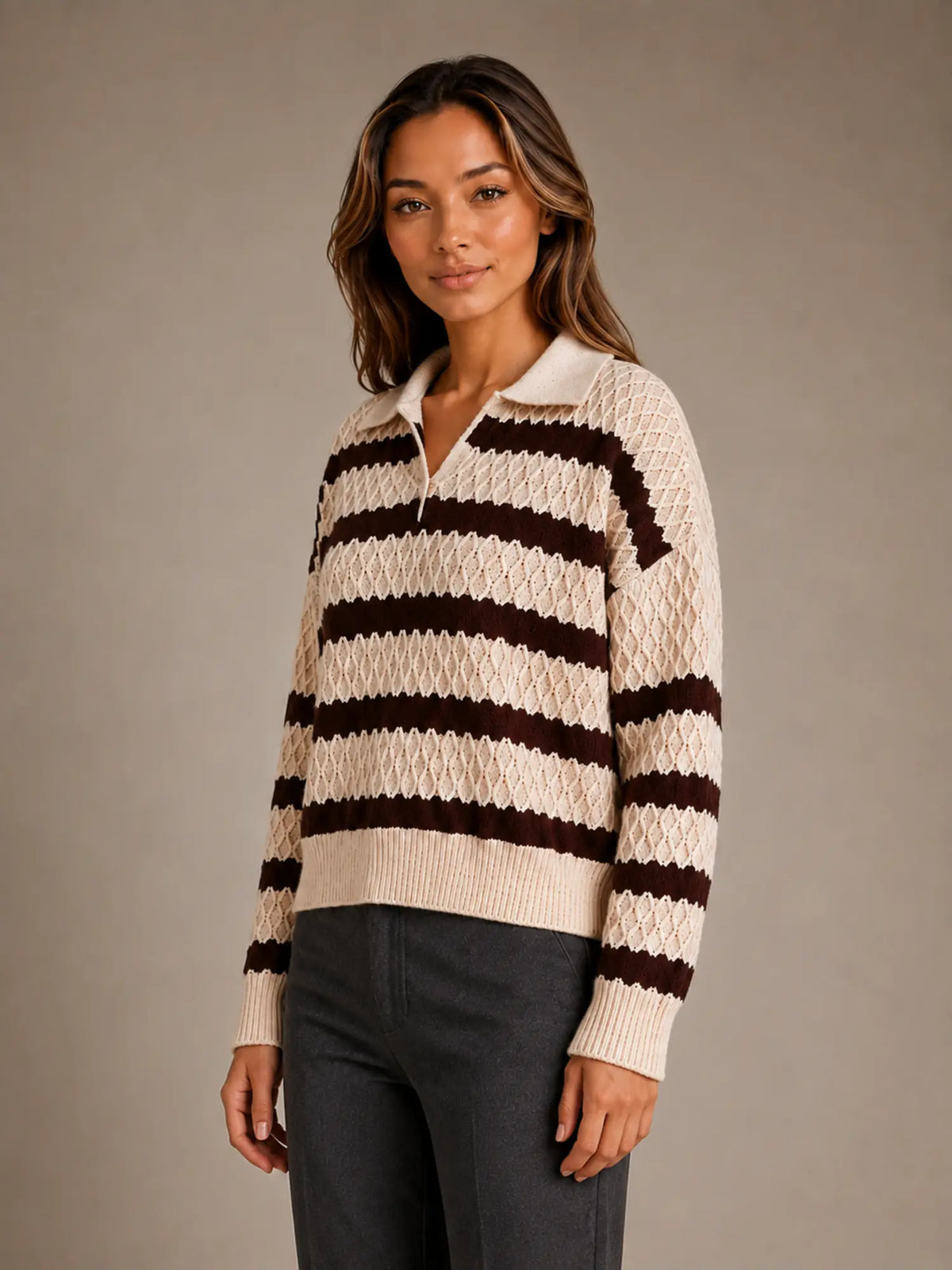 Women's Striped Polo Jumper – Textured Knit Style in Cream – Hover view