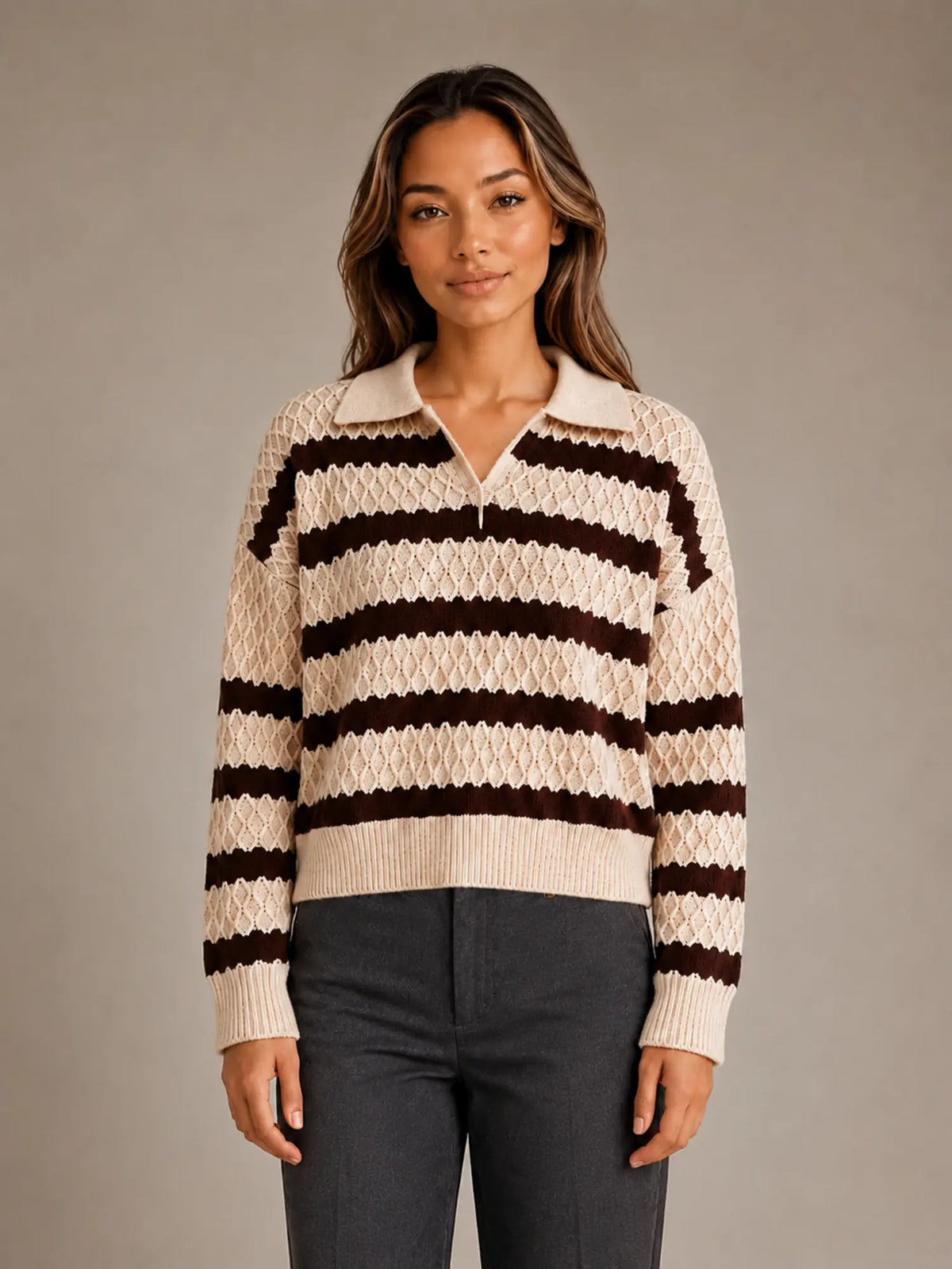 Women's Striped Polo Jumper – Textured Knit Style in Cream – Main view