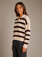Women's Striped Polo Jumper – Textured Knit Style in Cream – Side view