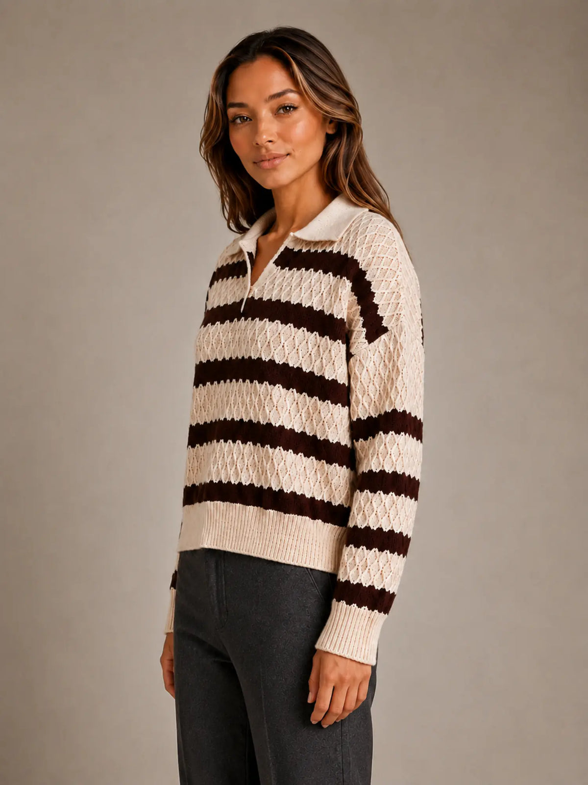 Women's Striped Polo Jumper – Textured Knit Style in Cream – Side view