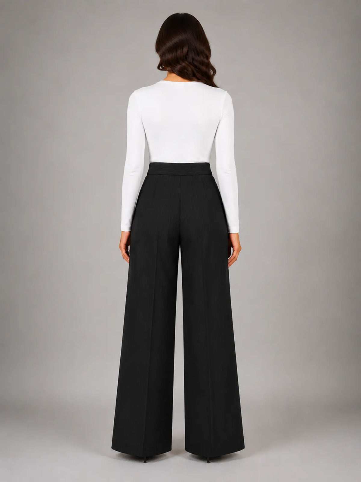 Women's Pinstripe Wide-Leg Trousers – Tailored Relaxed Fit in black, back view