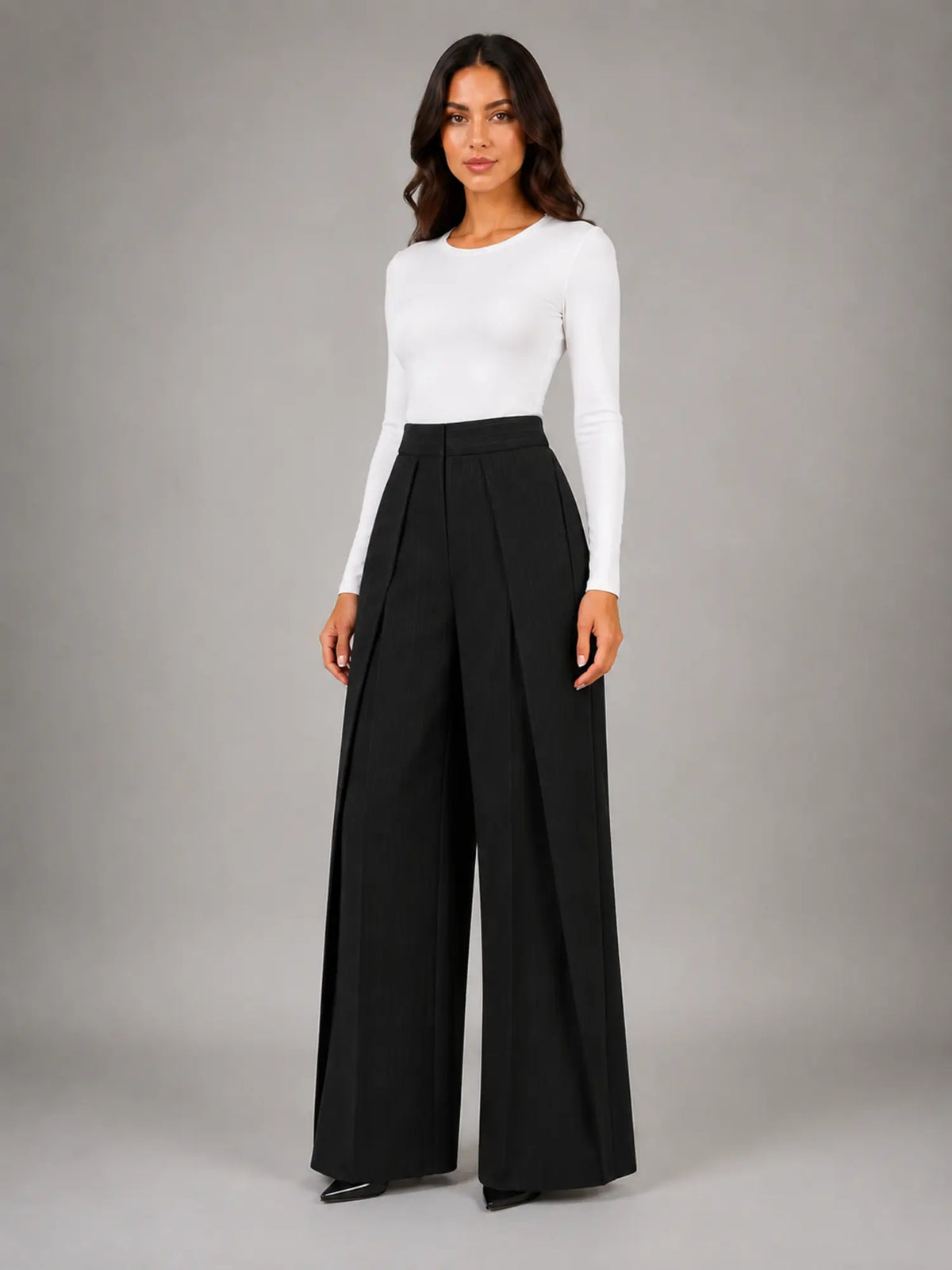 Women's Pinstripe Wide-Leg Trousers – Tailored Relaxed Fit in black, hover view