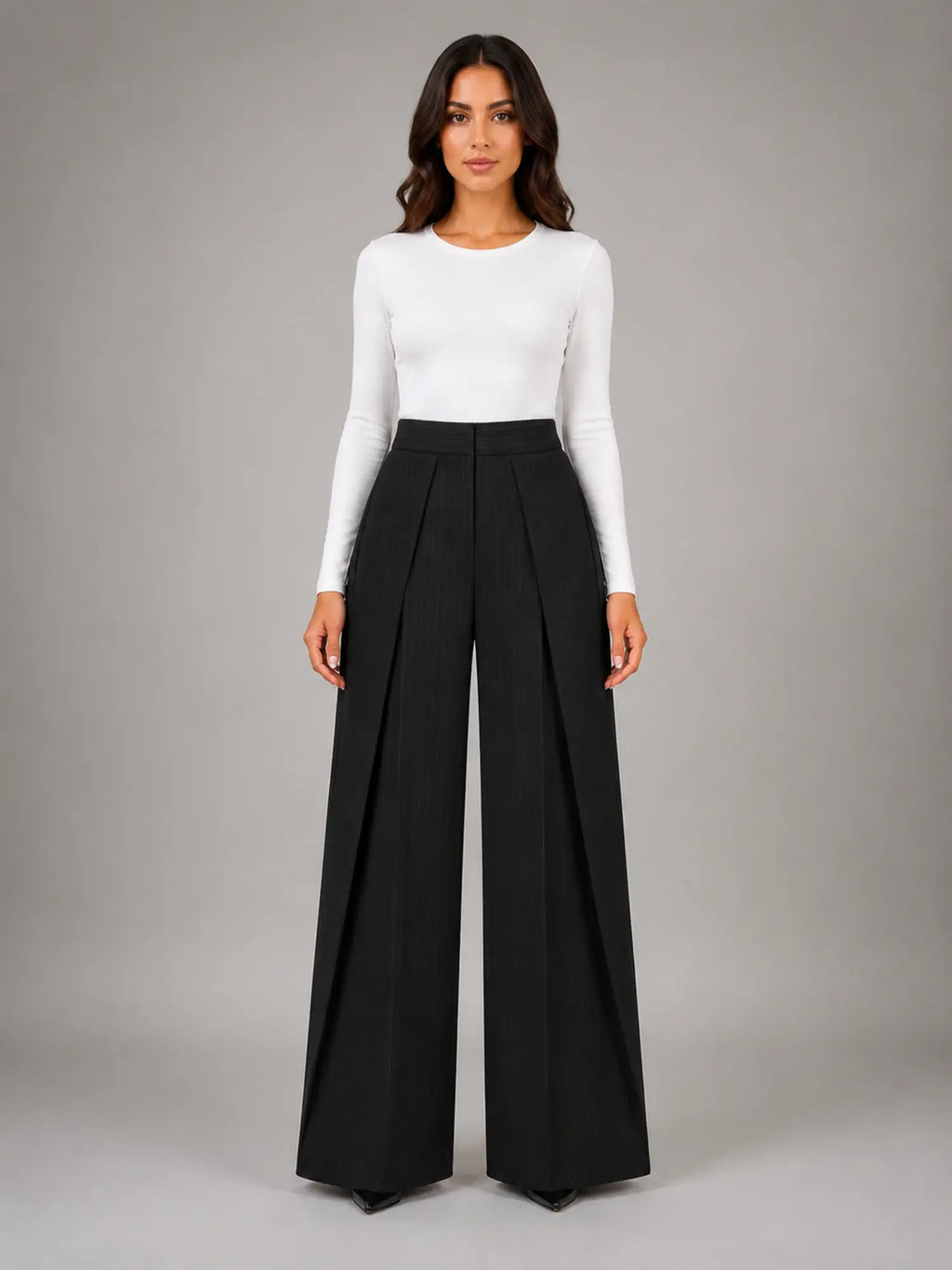 Women's Pinstripe Wide-Leg Trousers – Tailored Relaxed Fit in black, main view