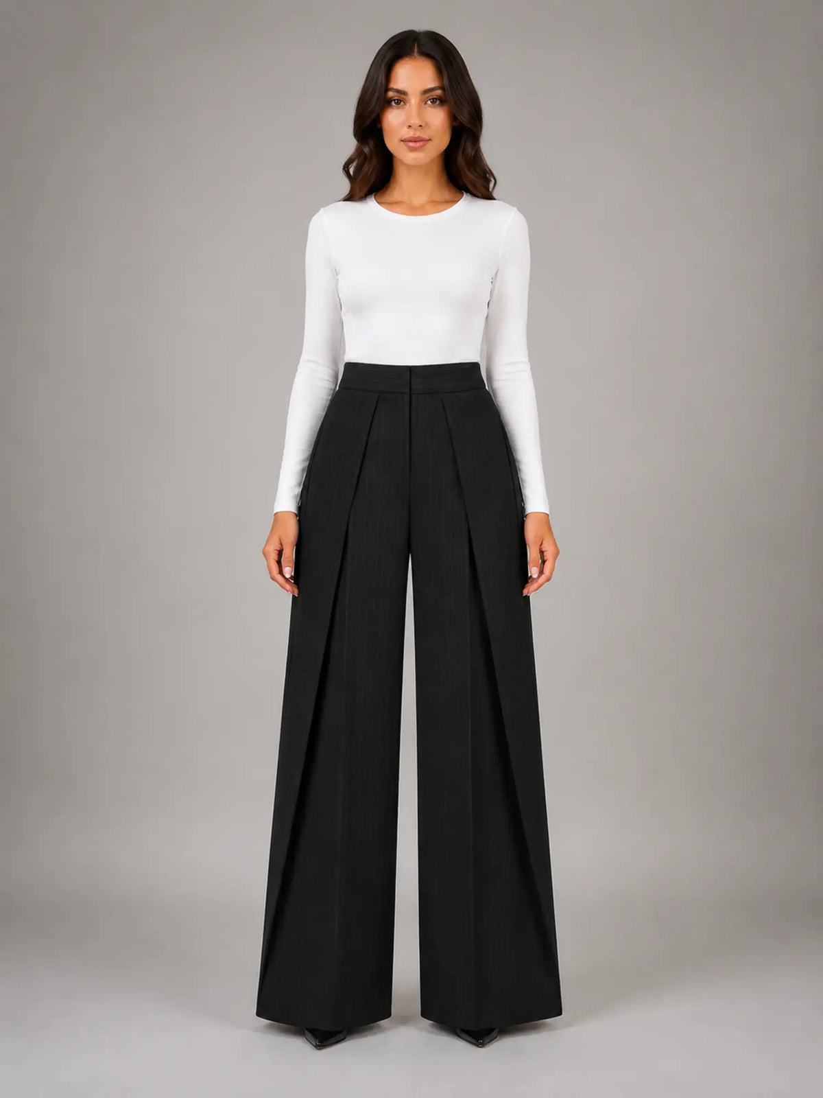 Women's Pinstripe Wide-Leg Trousers – Tailored Relaxed Fit in black, main view