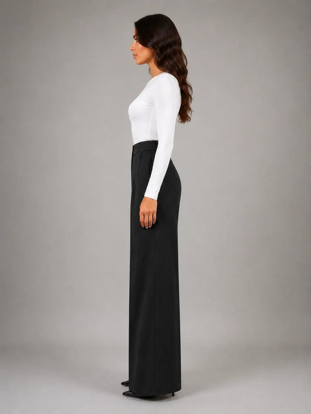 Women's Pinstripe Wide-Leg Trousers – Tailored Relaxed Fit in black, side view