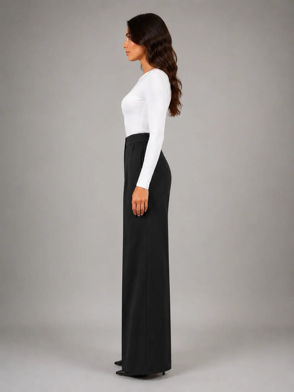 Women's Pinstripe Wide-Leg Trousers – Tailored Relaxed Fit in black, side view