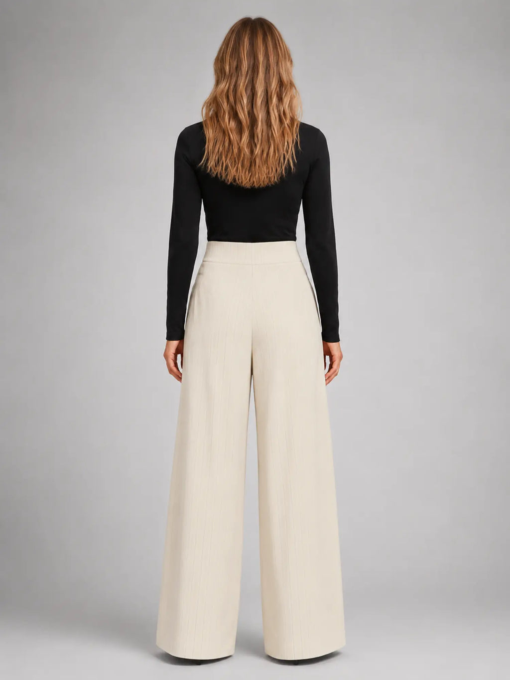 Women's Pinstripe Wide-Leg Trousers – Tailored Relaxed Fit in ivory, back view