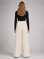 Women's Pinstripe Wide-Leg Trousers – Tailored Relaxed Fit in ivory, back view
