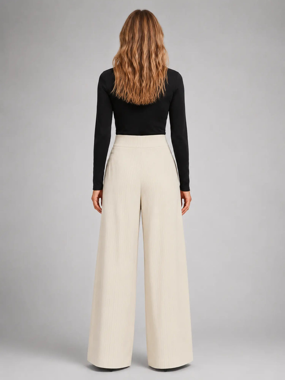 Women's Pinstripe Wide-Leg Trousers – Tailored Relaxed Fit in ivory, back view