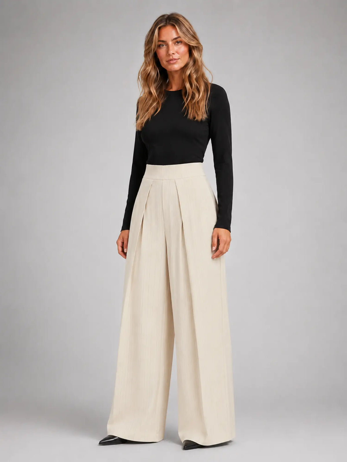 Women's Pinstripe Wide-Leg Trousers – Tailored Relaxed Fit in ivory, hover view