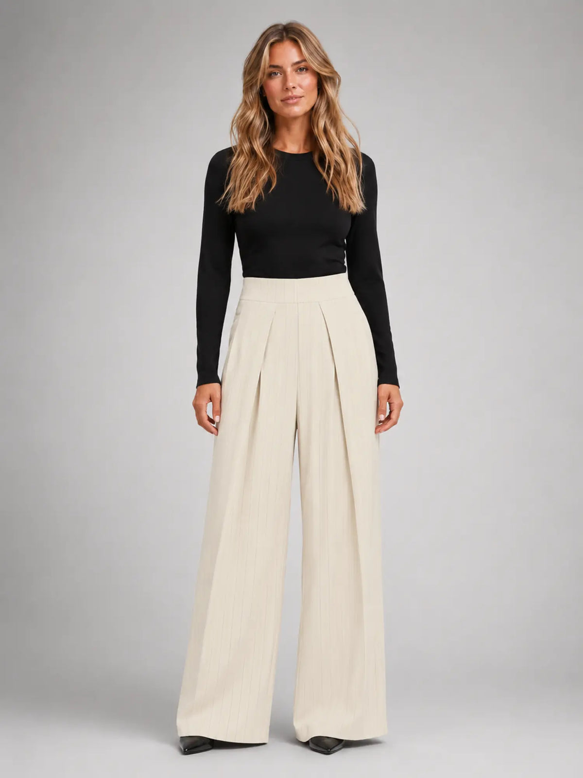 Women's Pinstripe Wide-Leg Trousers – Tailored Relaxed Fit in ivory, main view