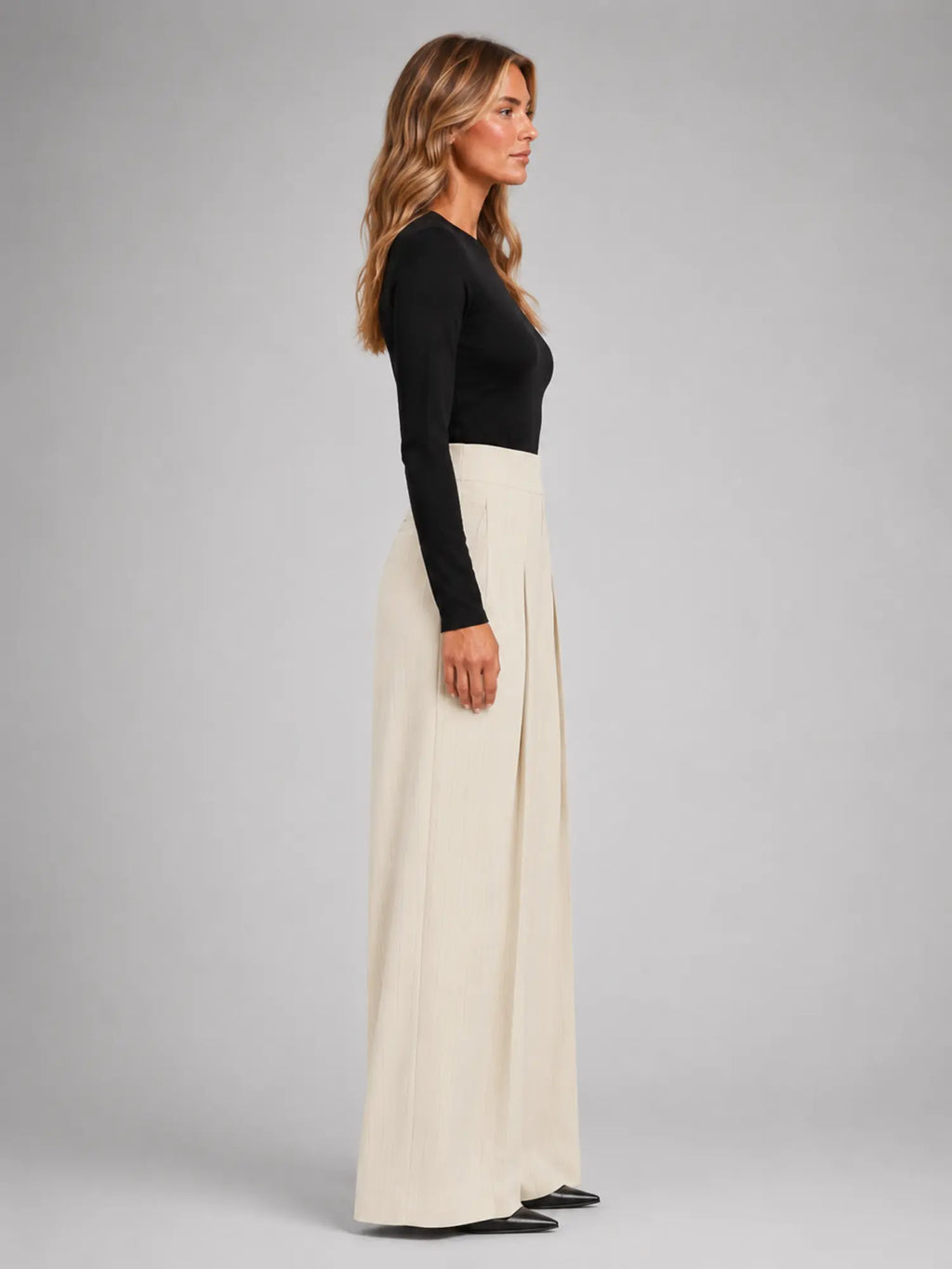 Women's Pinstripe Wide-Leg Trousers – Tailored Relaxed Fit in ivory, side view