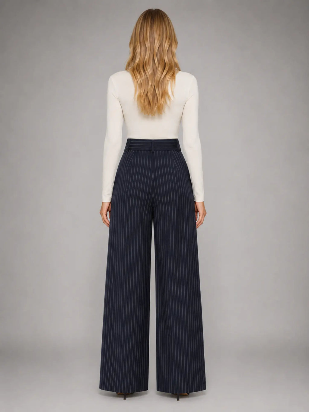 Women's Pinstripe Wide-Leg Trousers – Tailored Relaxed Fit in navy, back view