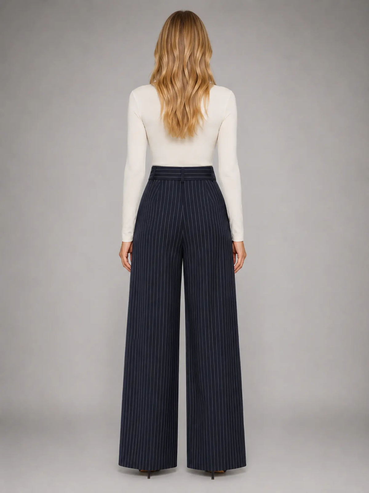 Women's Pinstripe Wide-Leg Trousers – Tailored Relaxed Fit in navy, back view