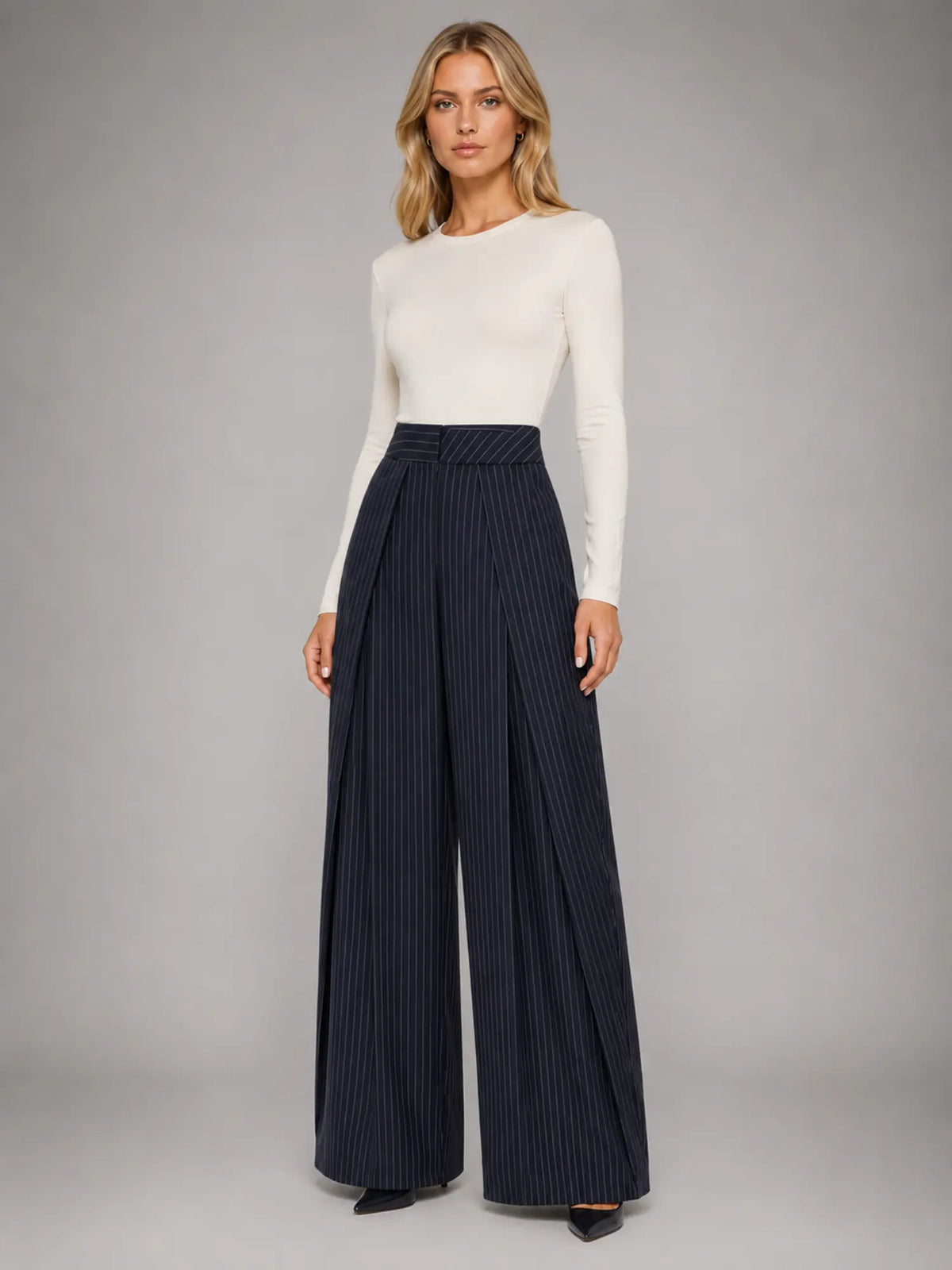 Women's Pinstripe Wide-Leg Trousers – Tailored Relaxed Fit in navy, hover view