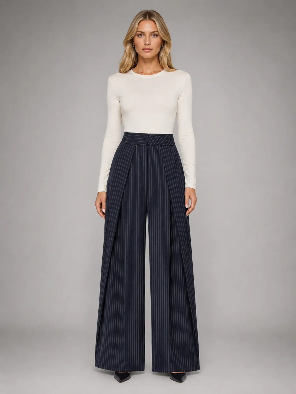 Women's Pinstripe Wide-Leg Trousers – Tailored Relaxed Fit in navy, main view