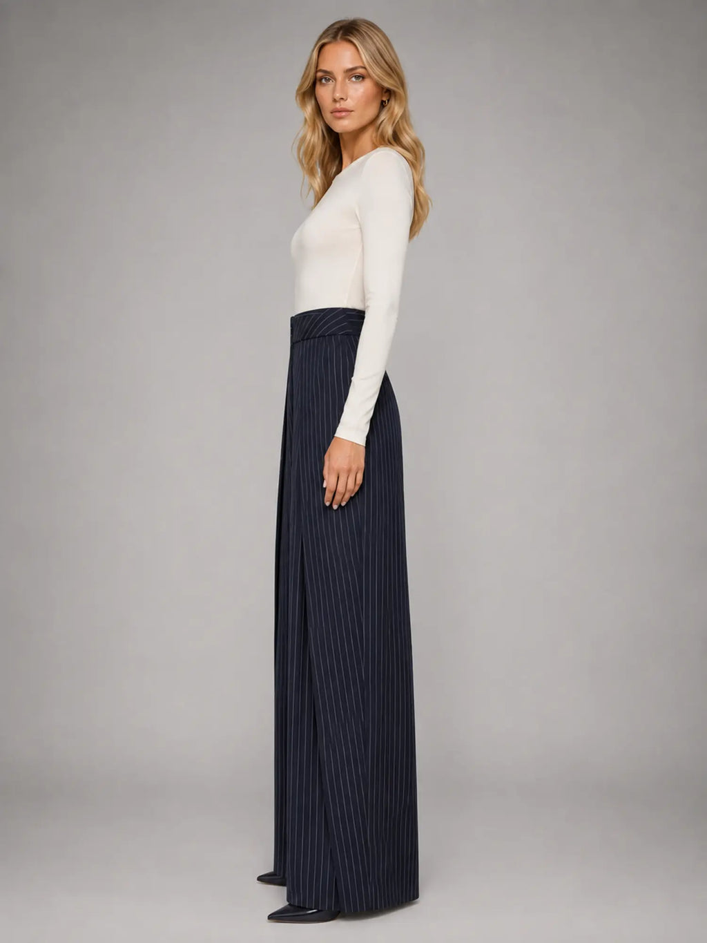 Women's Pinstripe Wide-Leg Trousers – Tailored Relaxed Fit in navy, side view