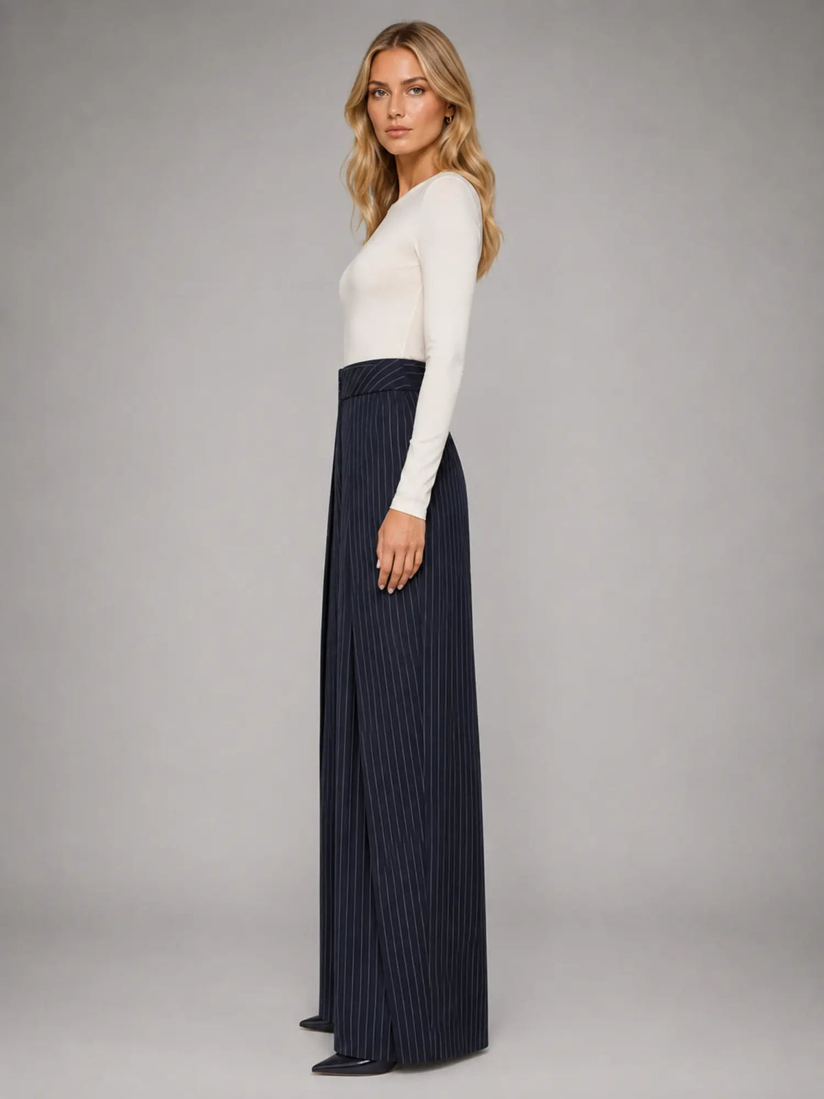 Women's Pinstripe Wide-Leg Trousers – Tailored Relaxed Fit in navy, side view