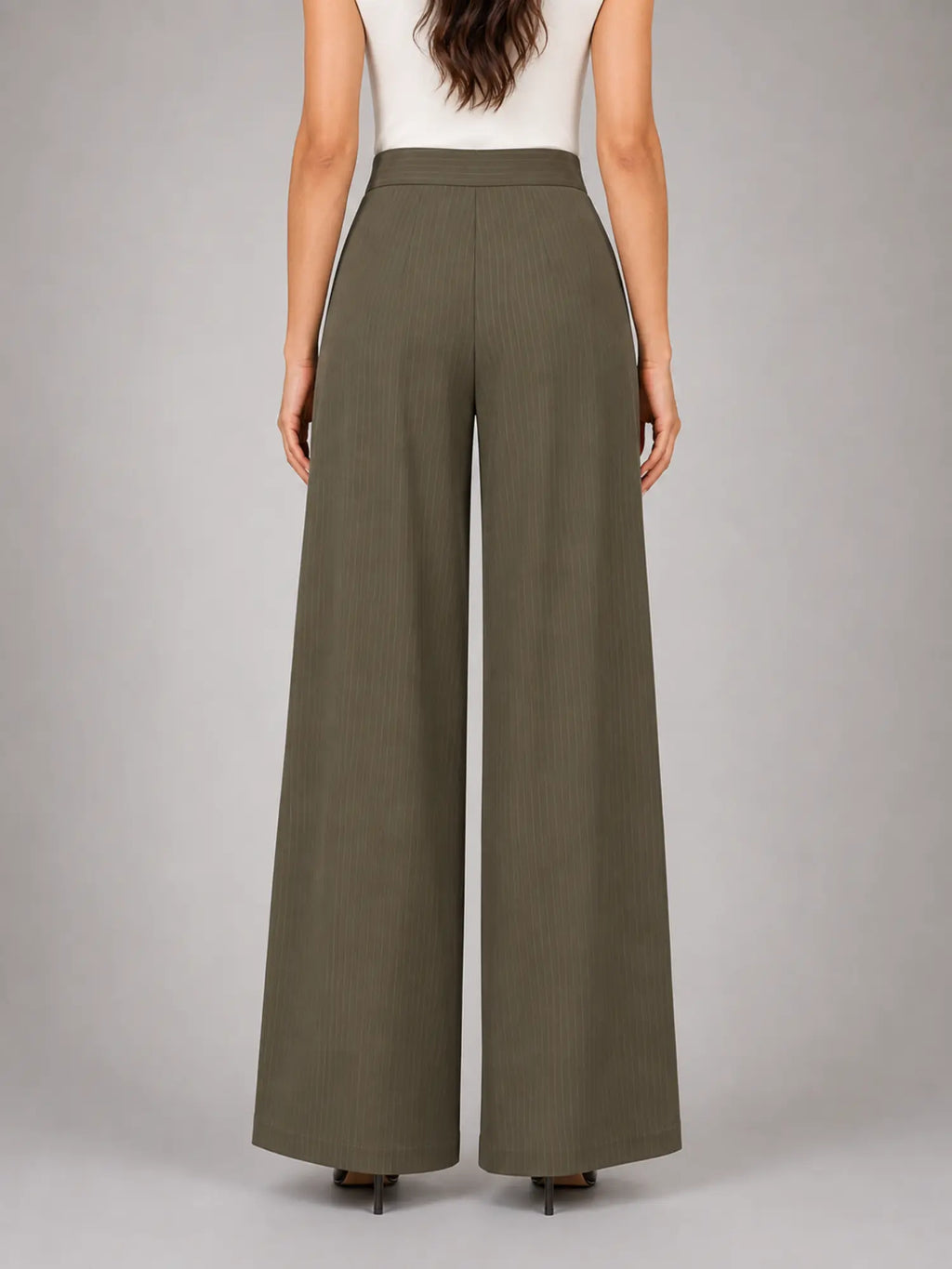 Women's Pinstripe Wide-Leg Trousers – Tailored Relaxed Fit in taupe, back view