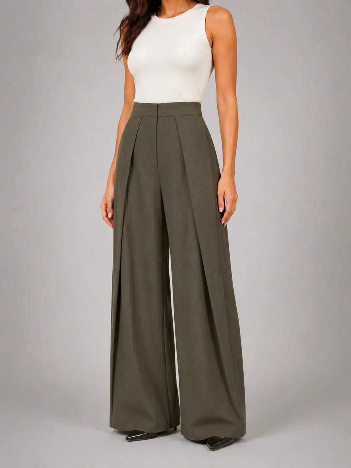 Women's Pinstripe Wide-Leg Trousers – Tailored Relaxed Fit in taupe, hover view