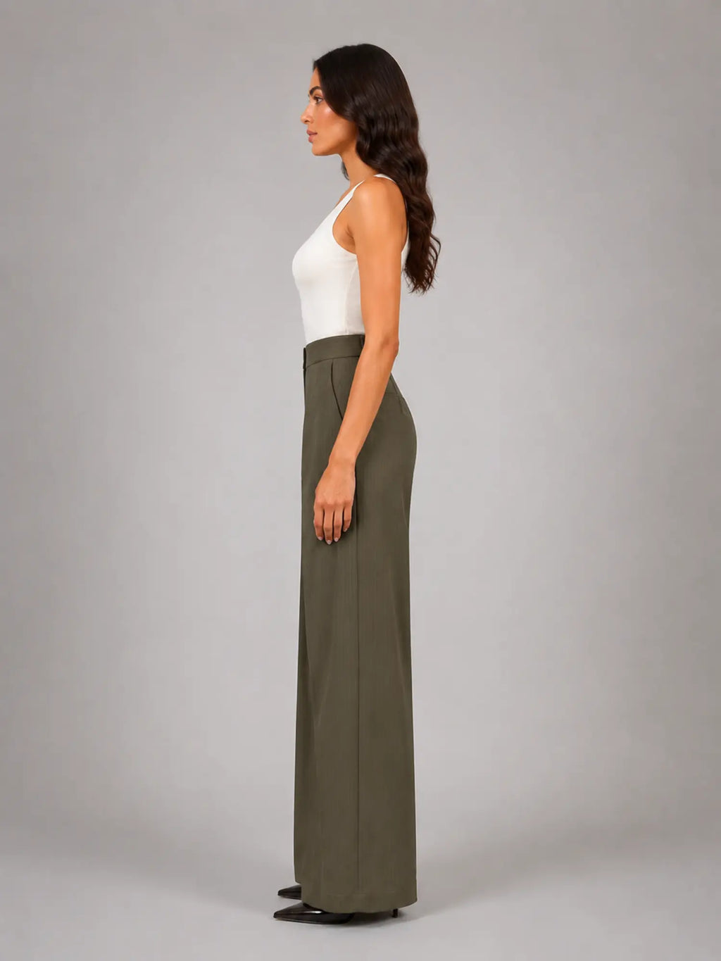 Women's Pinstripe Wide-Leg Trousers – Tailored Relaxed Fit in taupe, side view