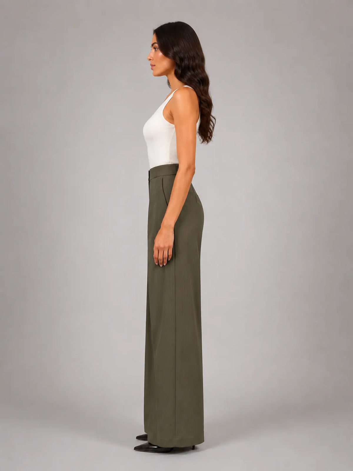Women's Pinstripe Wide-Leg Trousers – Tailored Relaxed Fit in taupe, side view