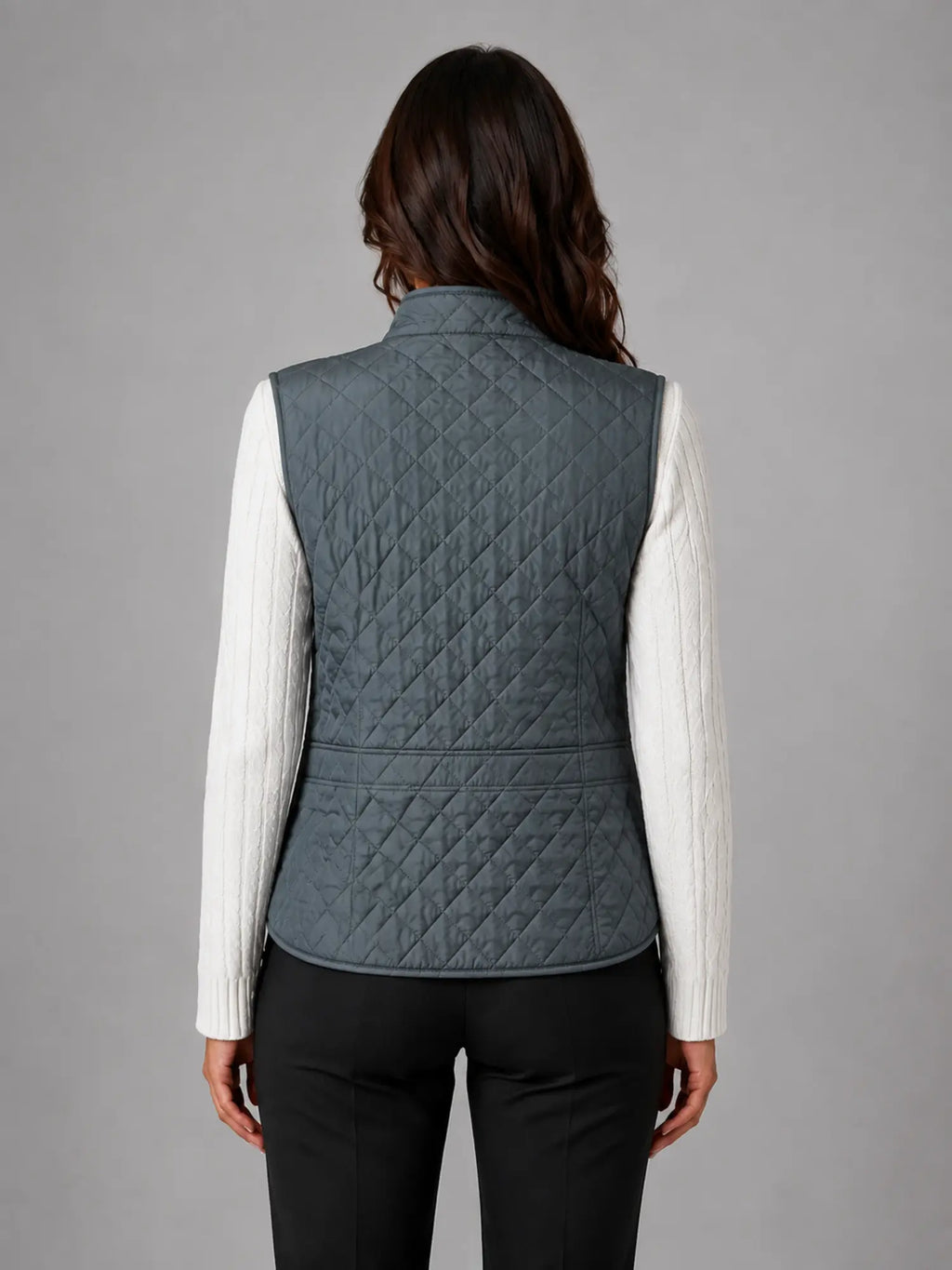 Women's Quilted Field Vest – Lightweight Layering Gilet in blue grey, back view
