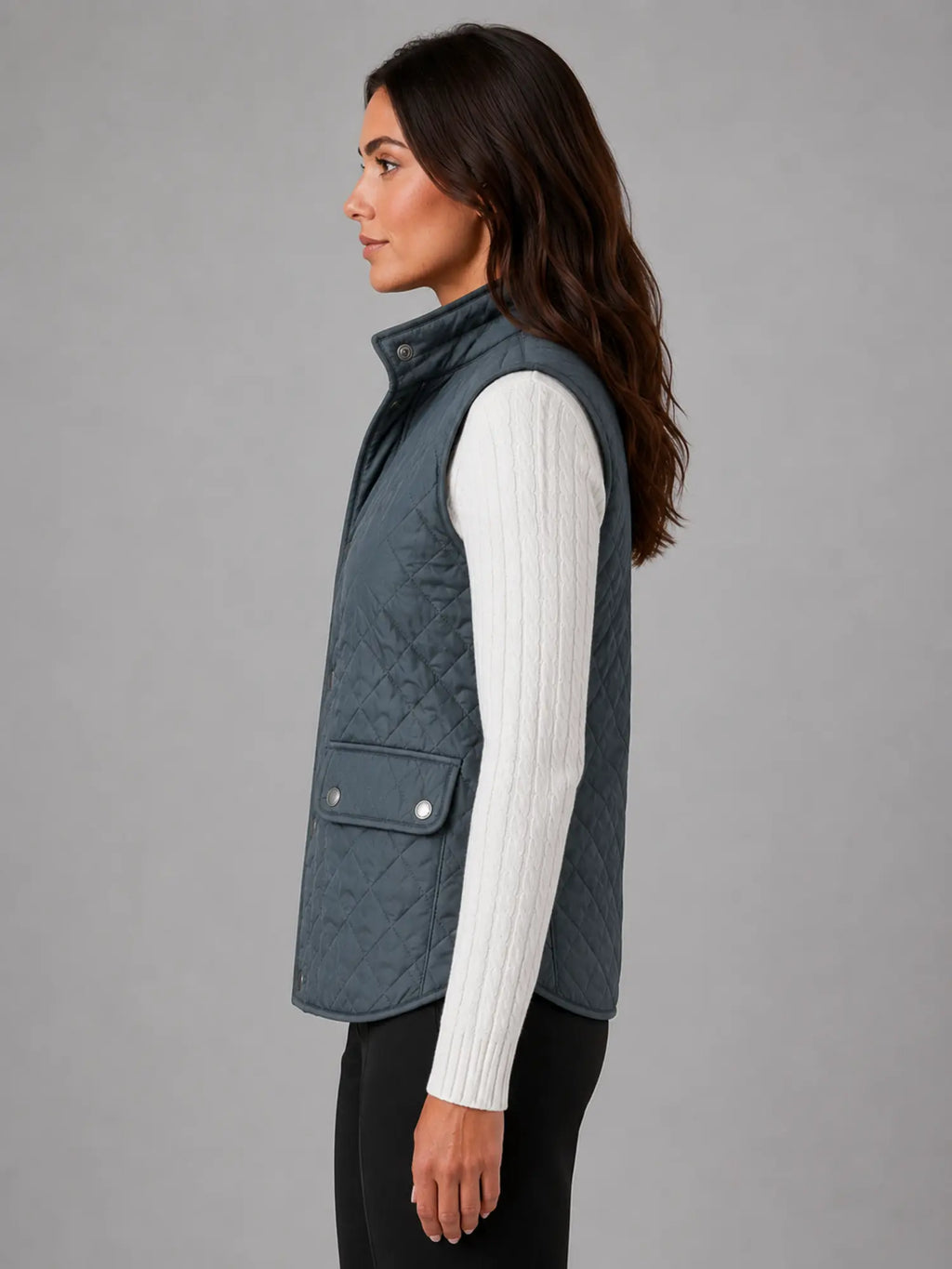 Women's Quilted Field Vest – Lightweight Layering Gilet in blue grey, side view