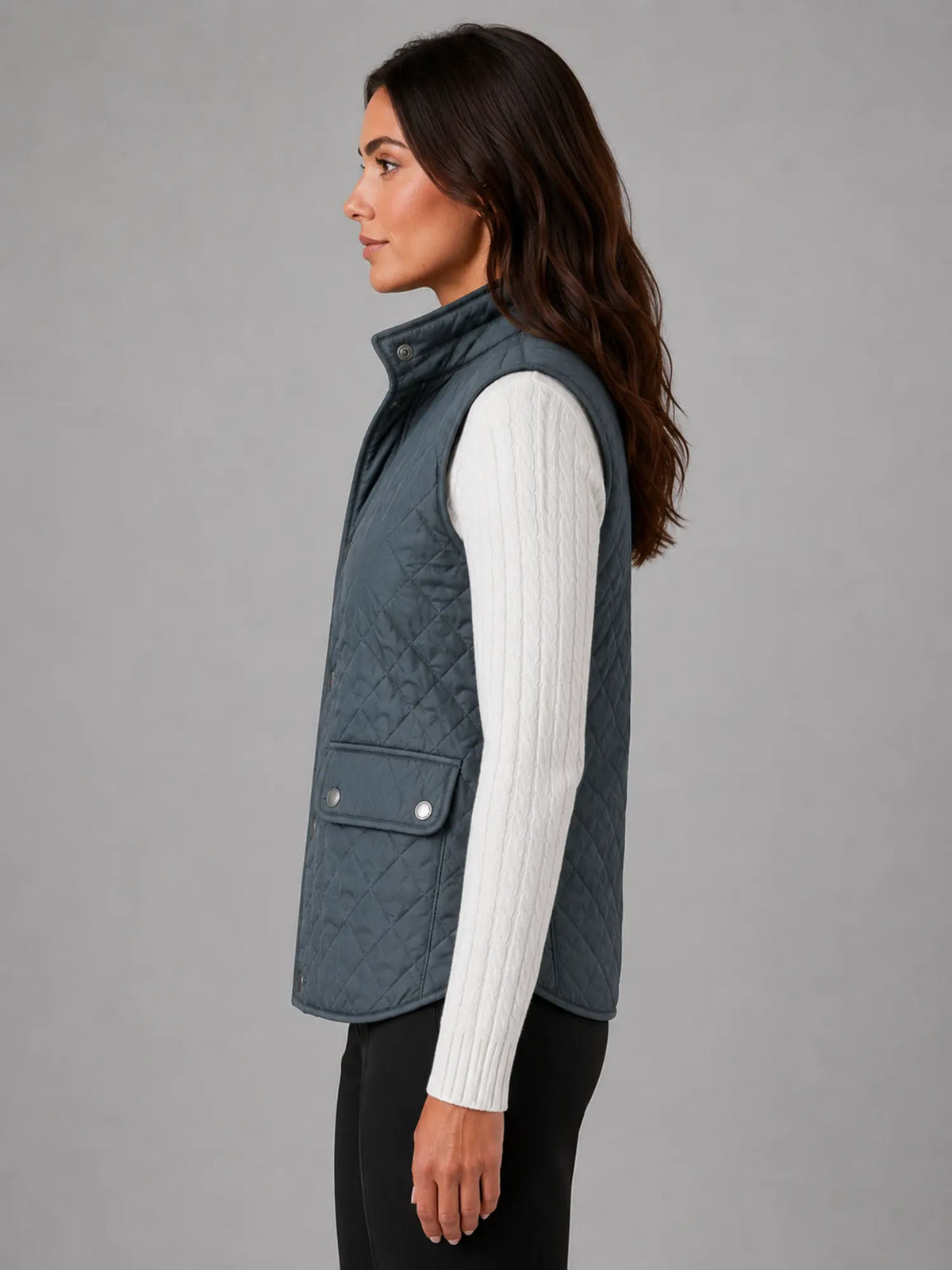 Women's Quilted Field Vest – Lightweight Layering Gilet in blue grey, side view