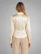 Women's Satin Draped Blouse – Elegant Occasion Top in champagne, back view