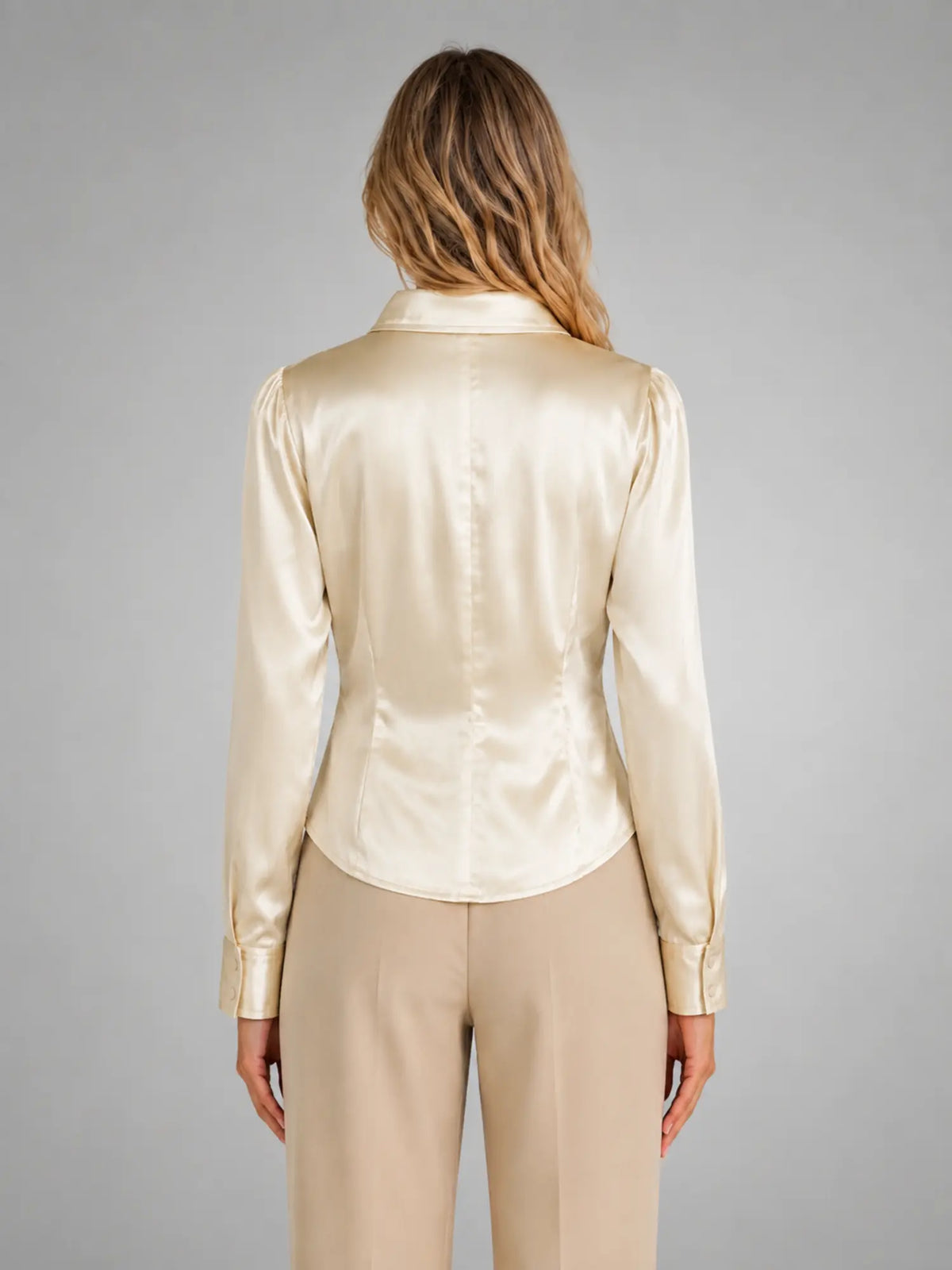 Women's Satin Draped Blouse – Elegant Occasion Top in champagne, back view