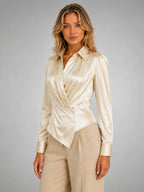 Women's Satin Draped Blouse – Elegant Occasion Top in champagne, hover view