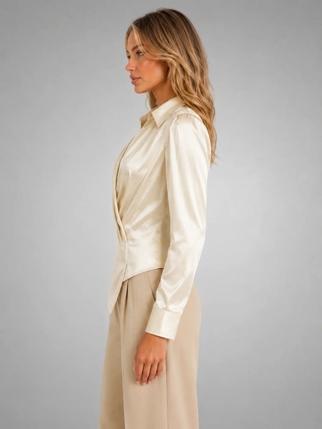 Women's Satin Draped Blouse – Elegant Occasion Top in champagne, side view