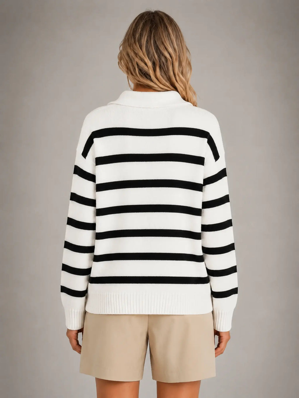 Women's Striped Polo Knit Sweater – Relaxed Collared Fit in black white, back view