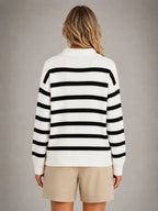 Women's Striped Polo Knit Sweater – Relaxed Collared Fit in black white, back view