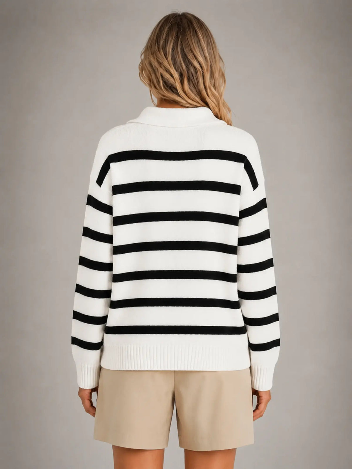 Women's Striped Polo Knit Sweater – Relaxed Collared Fit in black white, back view