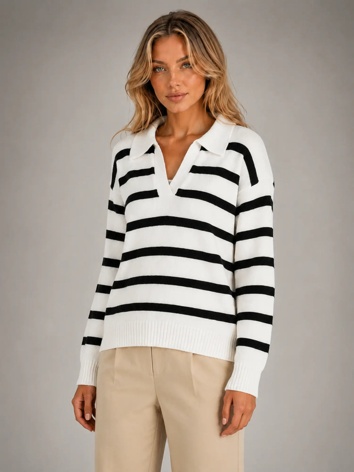 Women's Striped Polo Knit Sweater – Relaxed Collared Fit in black white, hover view